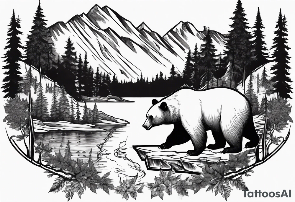 black bear over a forest with a lake below tattoo idea black bear over a forest with a lake below tattoo idea