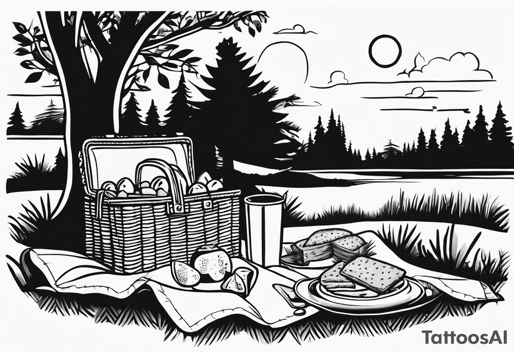 picnic scene in nature with a shecker blanket, a picnic basket and pillows. no food tattoo idea