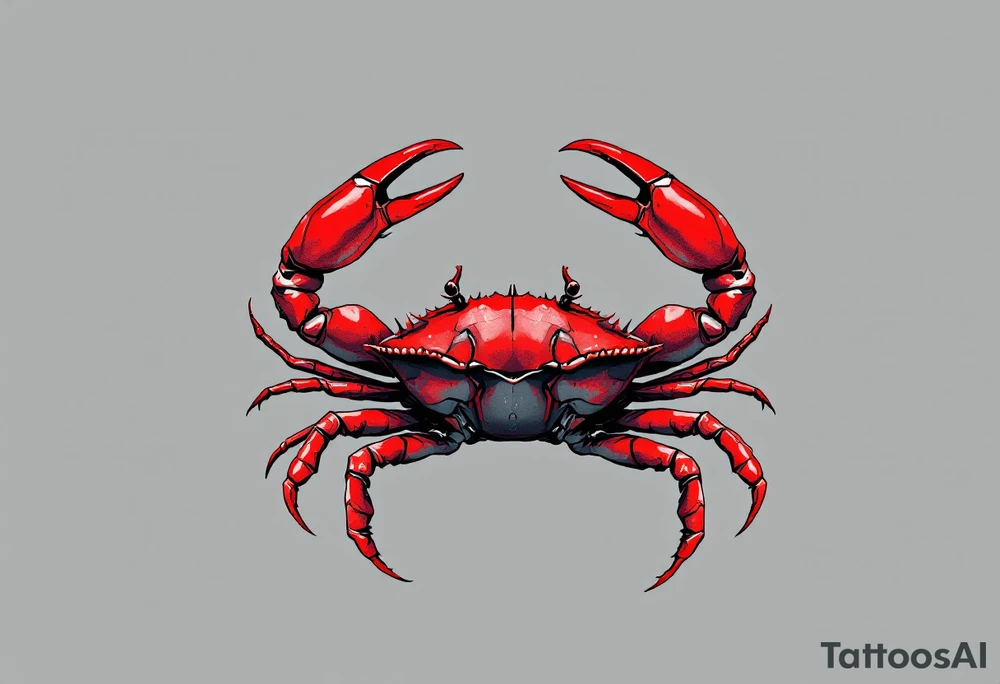 A realistic crab in rust red holds the Cancer star constellation in its claws against a cool gray background. tattoo idea