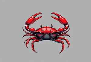 A realistic crab in rust red holds the Cancer star constellation in its claws against a cool gray background. tattoo idea
