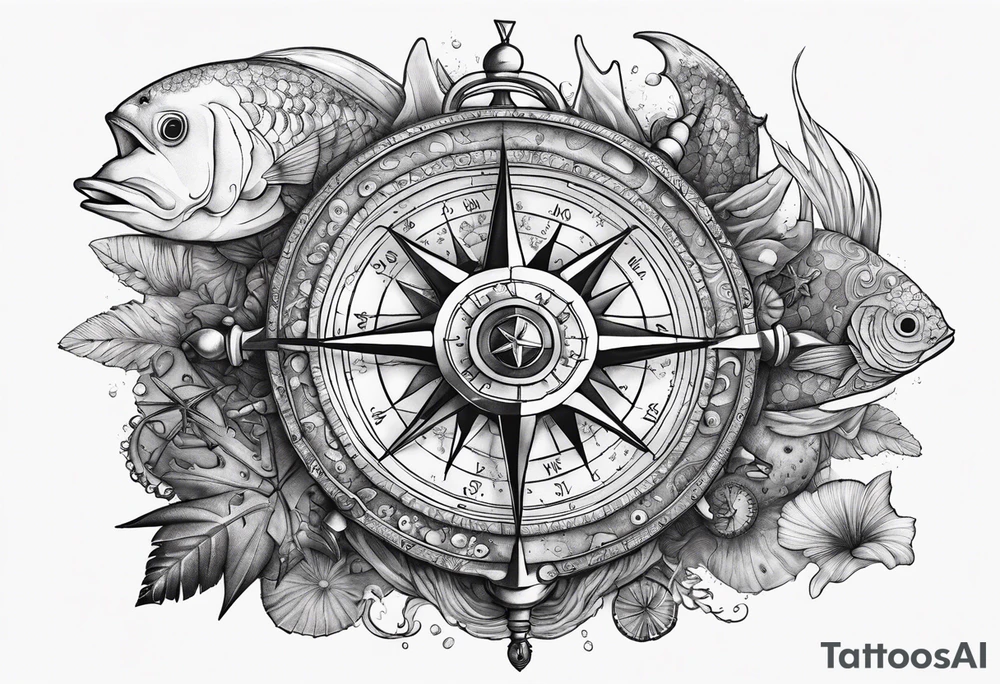 Pirate compass covered in barnacles, starfish and fish tattoo idea