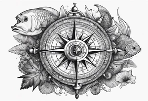 Pirate compass covered in barnacles, starfish and fish tattoo idea