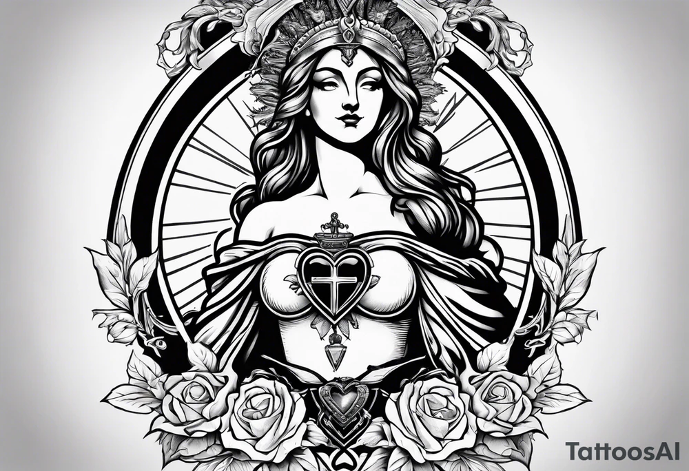 Sacred heart of marry with swords and Cancer ribbon chest tattoo tattoo idea