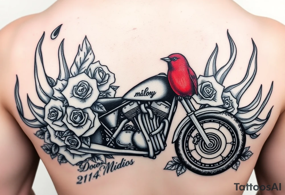 Motorcycle, roses surrounding with lacey type flames, red bird looking so peaceful tattoo idea