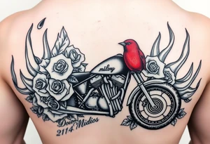 Motorcycle, roses surrounding with lacey type flames, red bird looking so peaceful tattoo idea