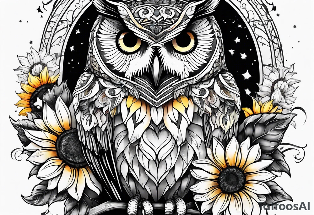 Arm sleeve with colorful sunflowers and an owl tattoo idea