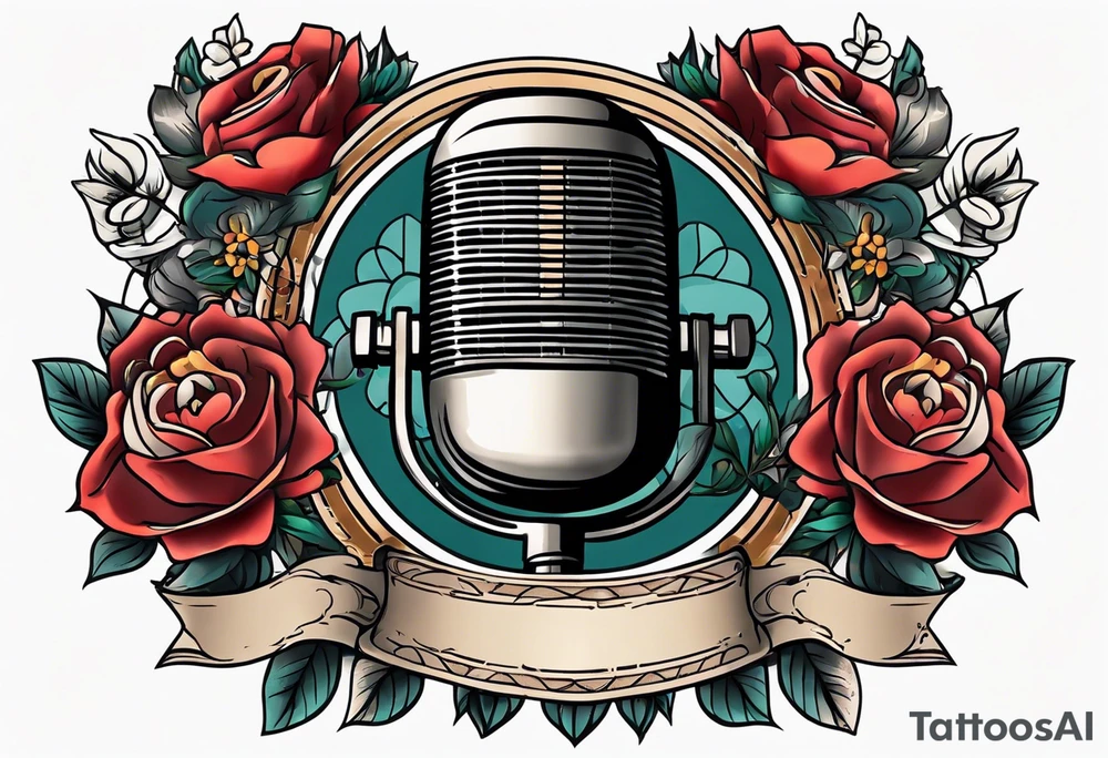 traditional vintage tattoo of mouth singing in microphone simple  flowers and banner
no face tattoo idea