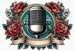 traditional vintage tattoo of mouth singing in microphone simple  flowers and banner
no face tattoo idea