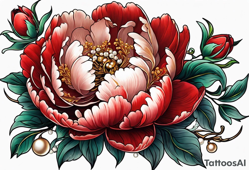 Red peony with dangling pearls with rabbit on top tattoo idea