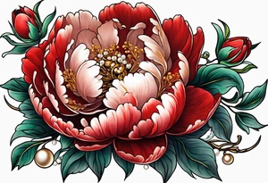 Red peony with dangling pearls with rabbit on top tattoo idea