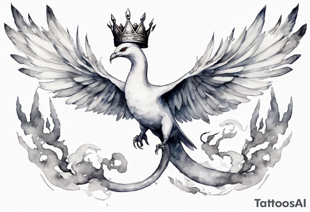 a white bird-serpent hybrid, wearing a pewter crown on its head, flying in the air tattoo idea