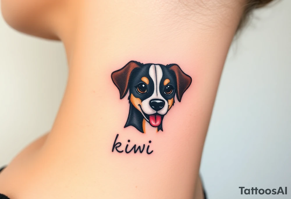One line tattoo of female dog with white strip going up dog’s snout slightly off centered. With  the dogs tongue slightly out and the name kiwi and an Aquarius them to it . Just the colors black  white brown and green tattoo idea
