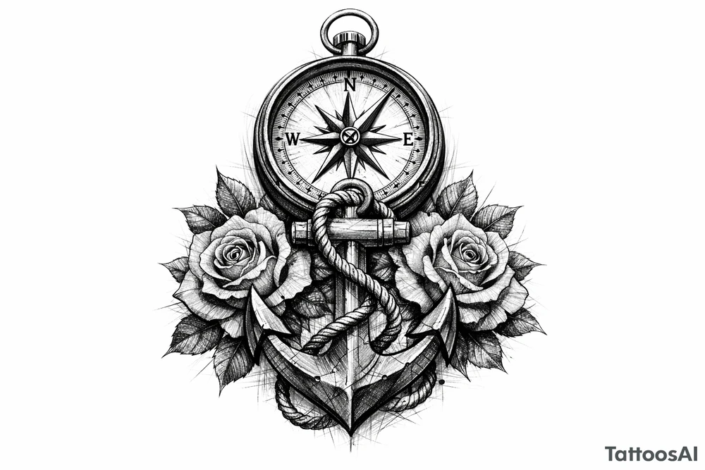 a compass under it an anchor and roses. tattoo idea
