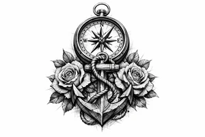 a compass under it an anchor and roses. tattoo idea