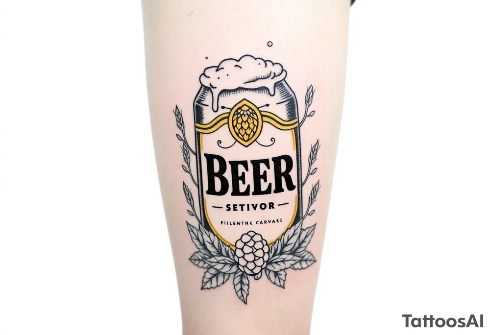 A vintage-style beer can with a retro label, featuring bold typography, a golden hop emblem, and subtle weathered textures. The can is slightly tilted, with frothy foam dripping over the top, and surrounded by barley stalks and hop vines tattoo idea