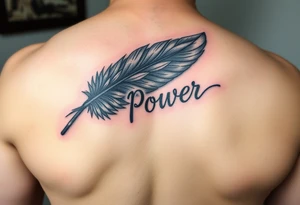 A stormy grey feather with silver lightning streaks, carrying the word "Power", symbolizing the strength of unity tattoo idea