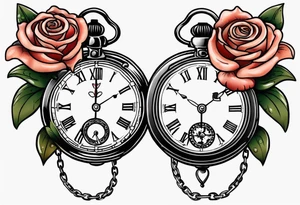 Two pocket watches linked together by a chain spelling "Lyv". Roses and lilies in the background tattoo idea