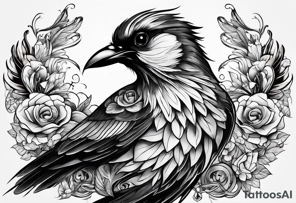 Scary black and white bird chest tattoo idea