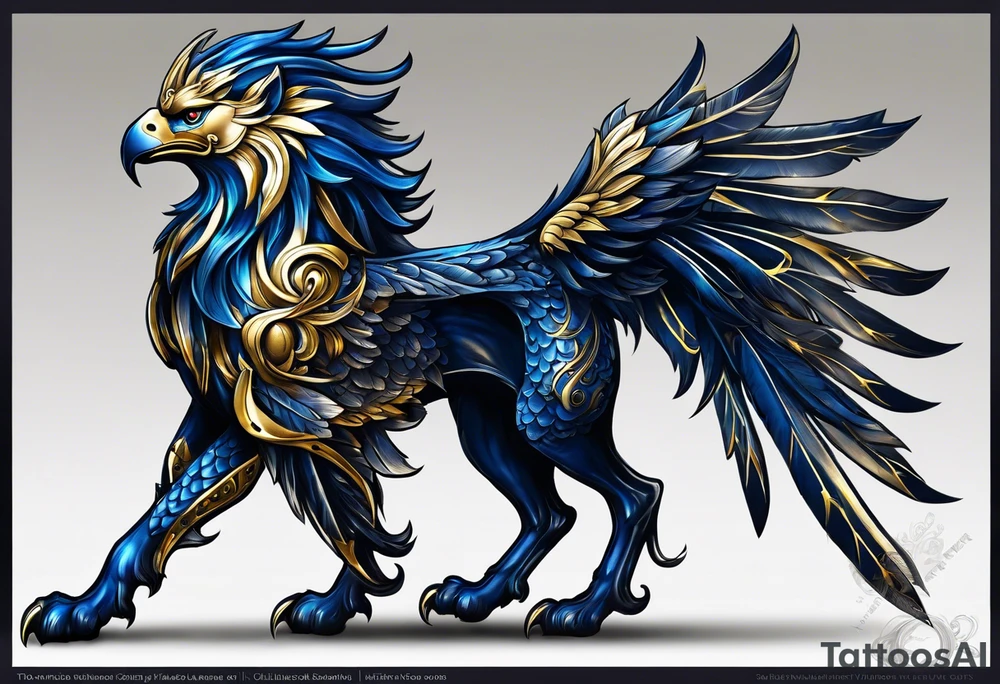 Dark blue, almost black matallic griffin with golden and silver accents. tattoo idea