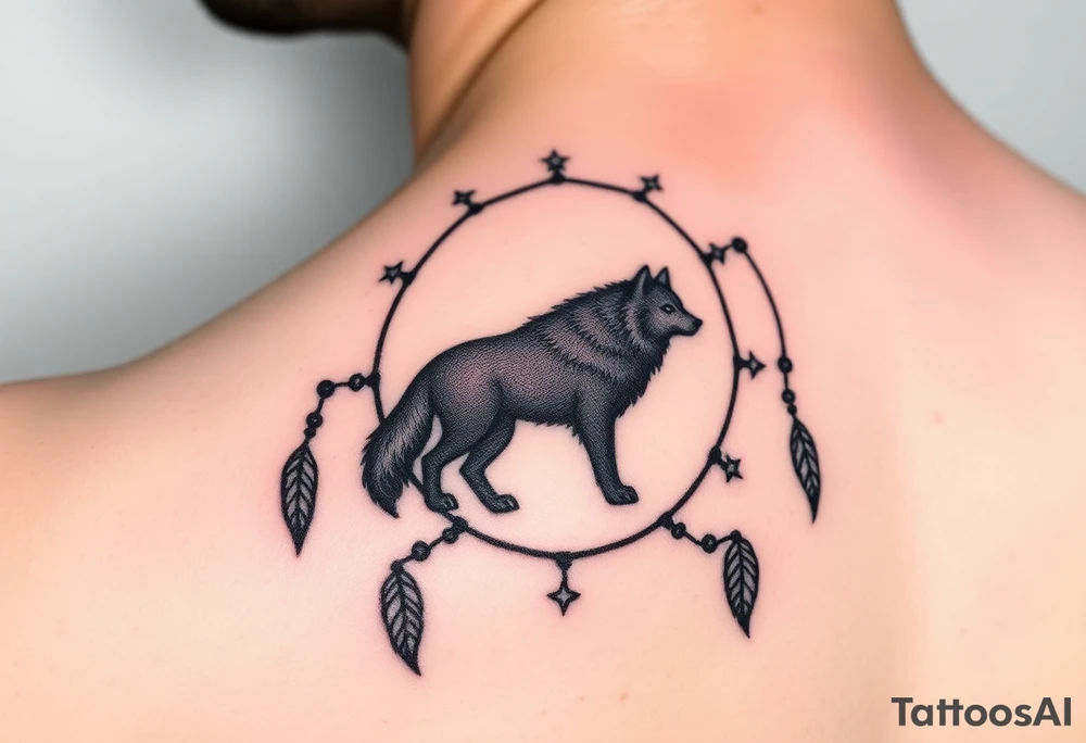 A wolf’s silhouette within a dreamcatcher, with stars scattered across the background. The wolf is shaded in black and gray. tattoo idea