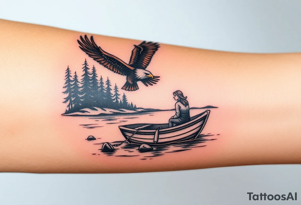 Northern river with evergreen along side river with a fishing boat with two with eagle flying in the sky and women and girl sitting on doc back facing tattoo idea