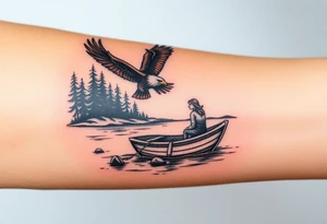 Northern river with evergreen along side river with a fishing boat with two with eagle flying in the sky and women and girl sitting on doc back facing tattoo idea