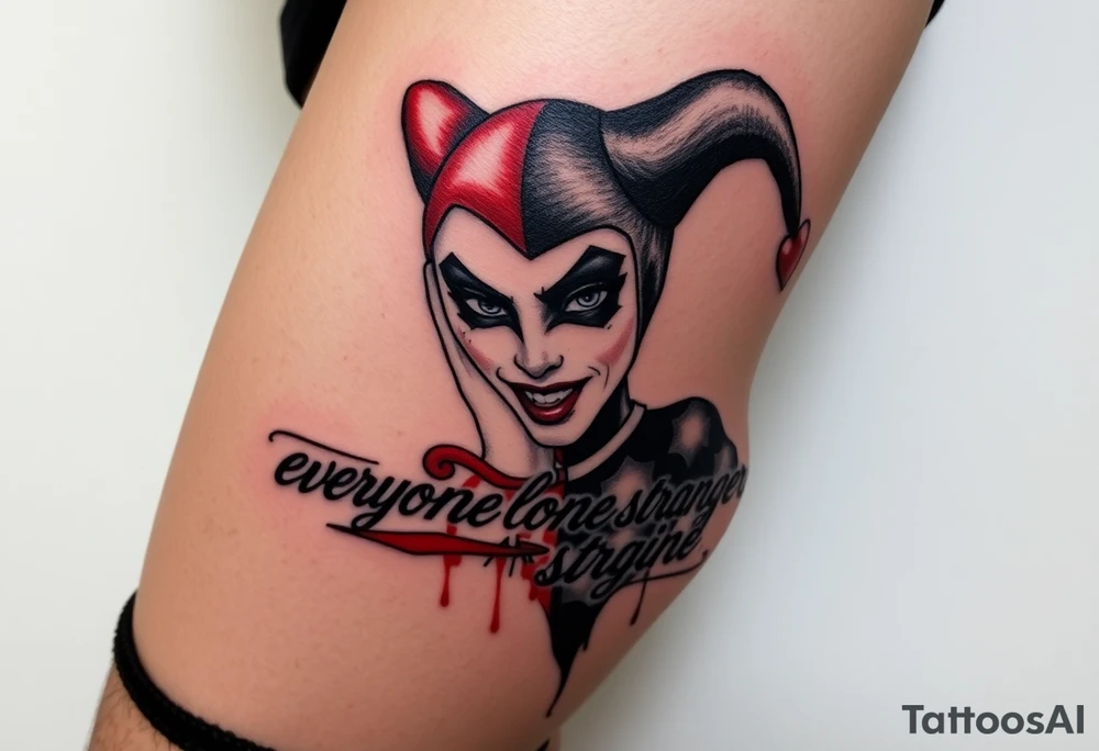 powerful Harley Quinn inspired piece using the quote or based of the idea of the quote “everyone has a stranger inside them” representing madness and genius, light and dark, good and evil tattoo idea