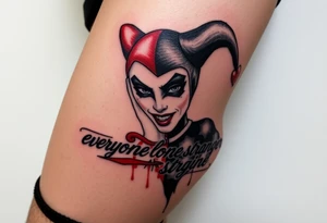 powerful Harley Quinn inspired piece using the quote or based of the idea of the quote “everyone has a stranger inside them” representing madness and genius, light and dark, good and evil tattoo idea