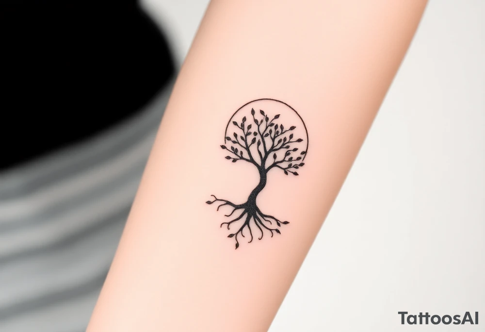 A tree inside of the sun, with little leaves, with an outward spiral line (moving to the right), as its roots, encircling the entire tree tattoo idea