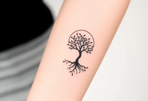 A tree inside of the sun, with little leaves, with an outward spiral line (moving to the right), as its roots, encircling the entire tree tattoo idea