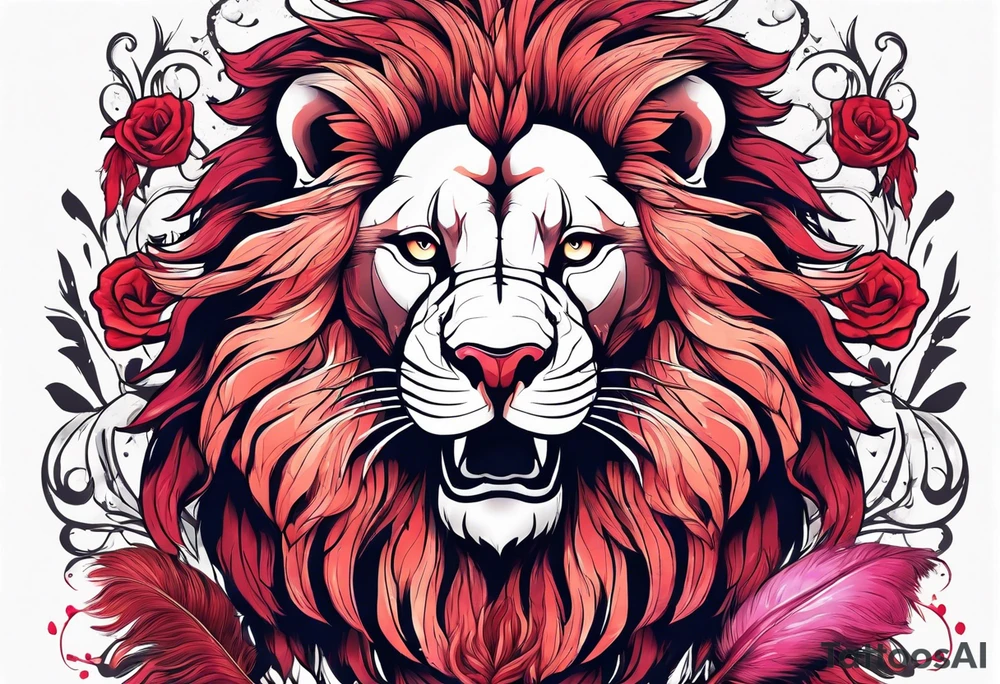 powerful majestic lion, eating a flamingo with feathers and blood and guts tattoo idea