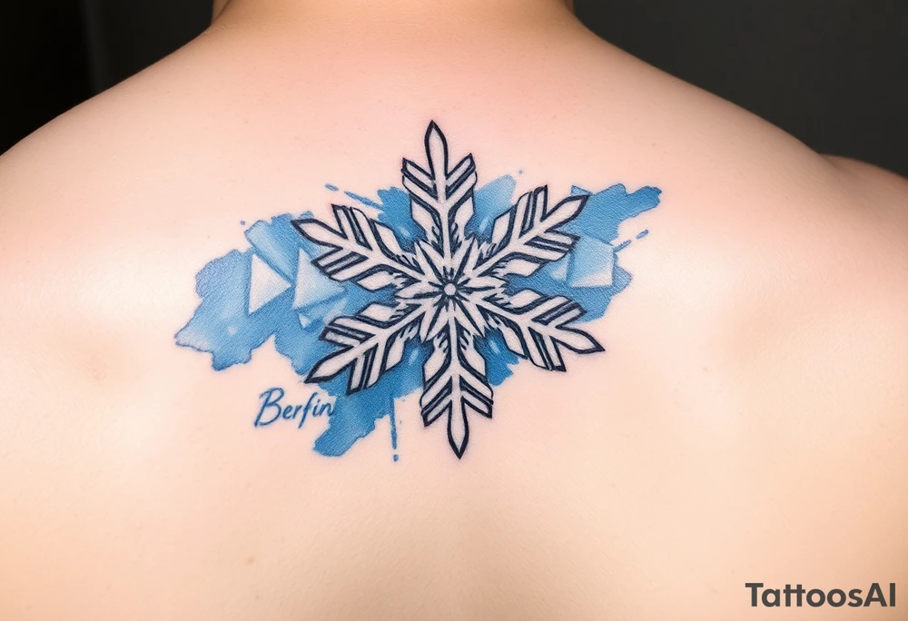 A white snowflake on Blue watercolor backround and the name „Berfin“ in it tattoo idea