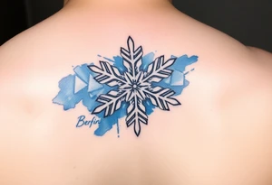 A white snowflake on Blue watercolor backround and the name „Berfin“ in it tattoo idea