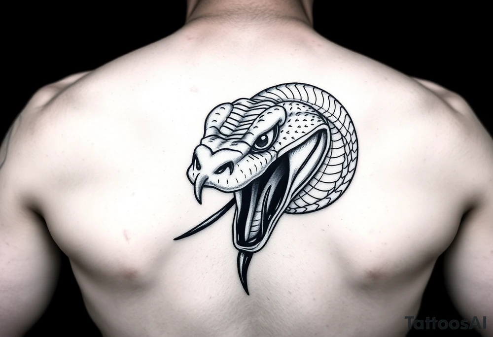 A dangerous snake it has a wide shaped cobra head with a mouth full of sharp teeth and long fangs like a sab tattoo idea
