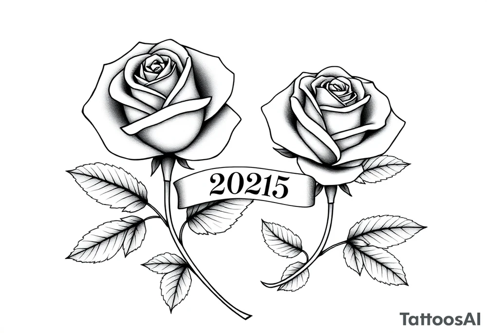 two beautiful large rose buds, one larger than the other, with many leaves next to the rose buds, with one sitting higher than the other. Include a banner connecting the two roses with the year "2025" on it.   Use dark outlines with little shading. The two stems should be short, not long, and connect and join into one stem, whimsically curved or twisted - not straight down. tattoo idea
