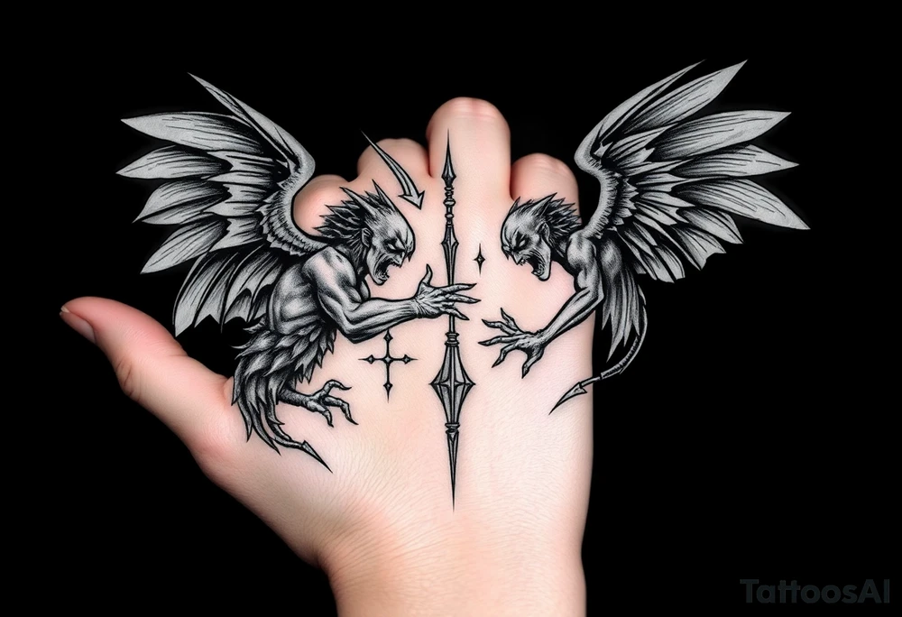 Battle for soul
inner demons
Internal conflict 
Angels vs demons
Good vs evil tattoo idea