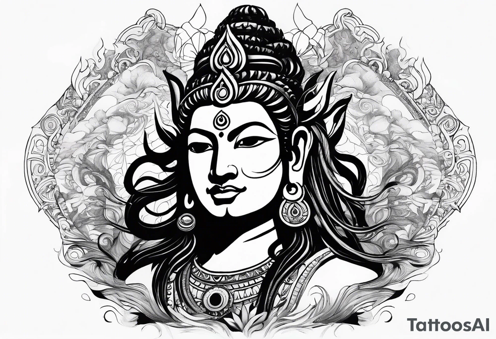 envision Shiva in a dynamic pose, surrounded by symbols representing adventure and karma, with flowing elements to signify your go-with-the-flow attitude. tattoo idea