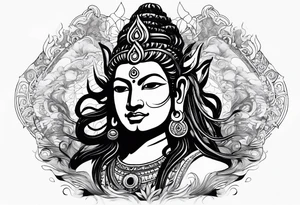 envision Shiva in a dynamic pose, surrounded by symbols representing adventure and karma, with flowing elements to signify your go-with-the-flow attitude. tattoo idea