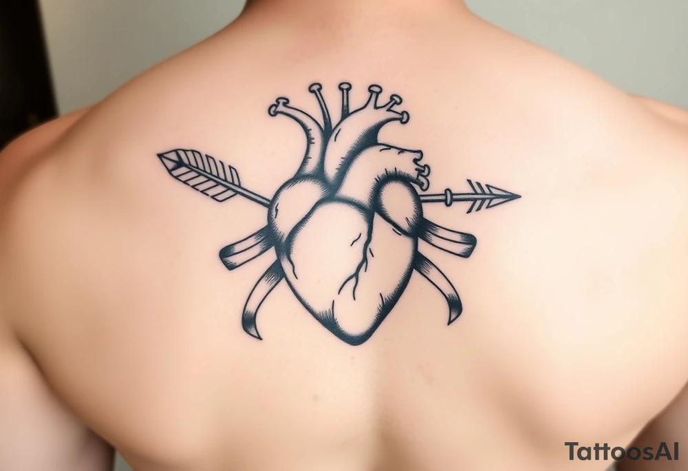 anatomical heart pierced by ornate arrow with flowing ribbons tattoo idea
