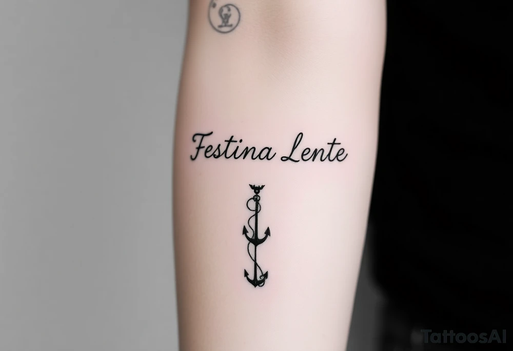 A small, minimal conceptual tattoo for the inner arm.
The phrase “Festina Lente” is not written traditionally; instead, the entire text is formed subtly from a single thin rope.
At the lower end of the rope, a small anchor is attached and appears embedded into the skin, symbolizing patience and stability.
At the opposite end, the rope is being pulled by a very small, minimal, symbolic devil silhouette representing haste.
The rope naturally twists and curves to form the letters of “Festina Lente”, so that at first glance it looks like an abstract rope composition, but upon closer inspection the text becomes readable.
Highly refined, modern calligraphic flow created by the rope itself, elegant and understated.
Black ink only, ultra-fine line work, minimal shading, strong use of negative space, contemporary 2026 tattoo style.
No traditional tattoo elements, no bold outlines, no old-school style, no decorative ornaments.
Clean, intelligent, subtle storytelling tattoo suitable for a small inner-arm placement. tattoo idea