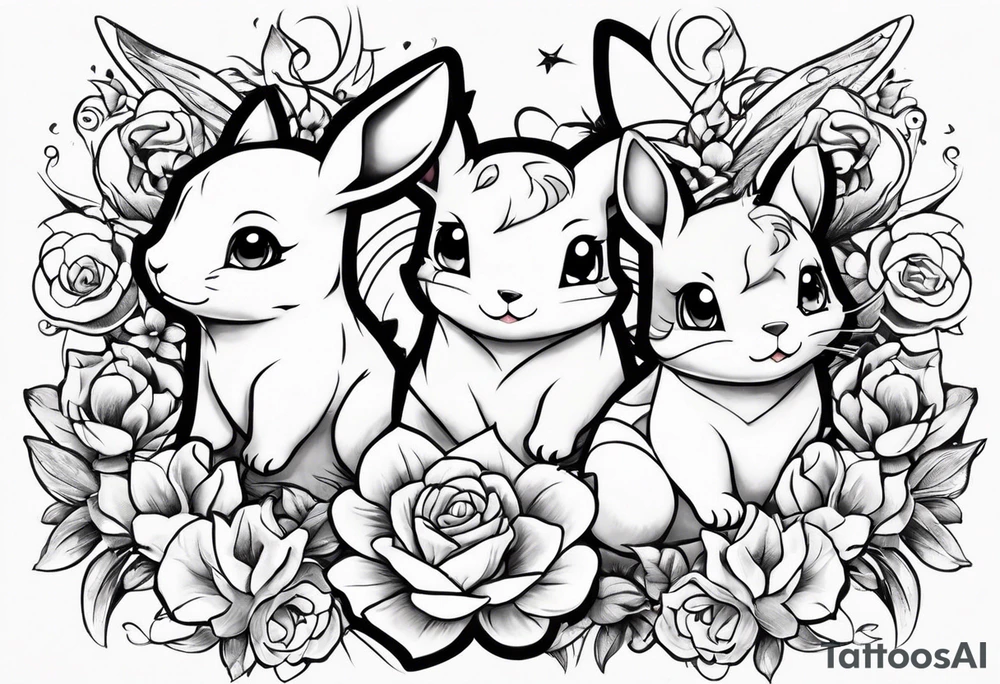 Pickachu and lioness with lilies hearts and music notes tattoo idea