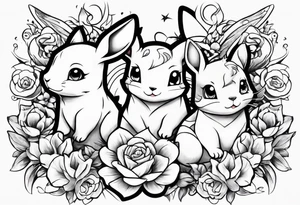 Pickachu and lioness with lilies hearts and music notes tattoo idea