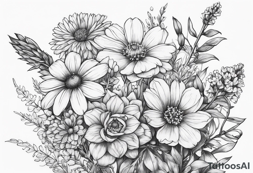 small long stem wildflower bouquet across fott tattoo idea