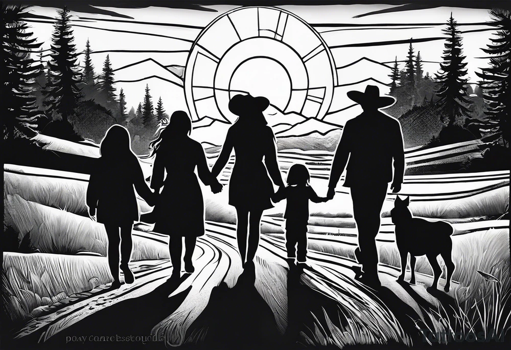A shadow of a family of four walking through the Pacific northwest landscape. Faith centered and add Mexican culture .  Add frame tattoo idea