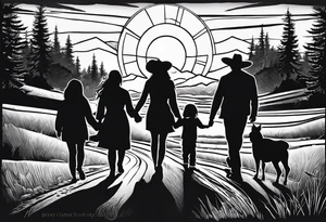 A shadow of a family of four walking through the Pacific northwest landscape. Faith centered and add Mexican culture .  Add frame tattoo idea