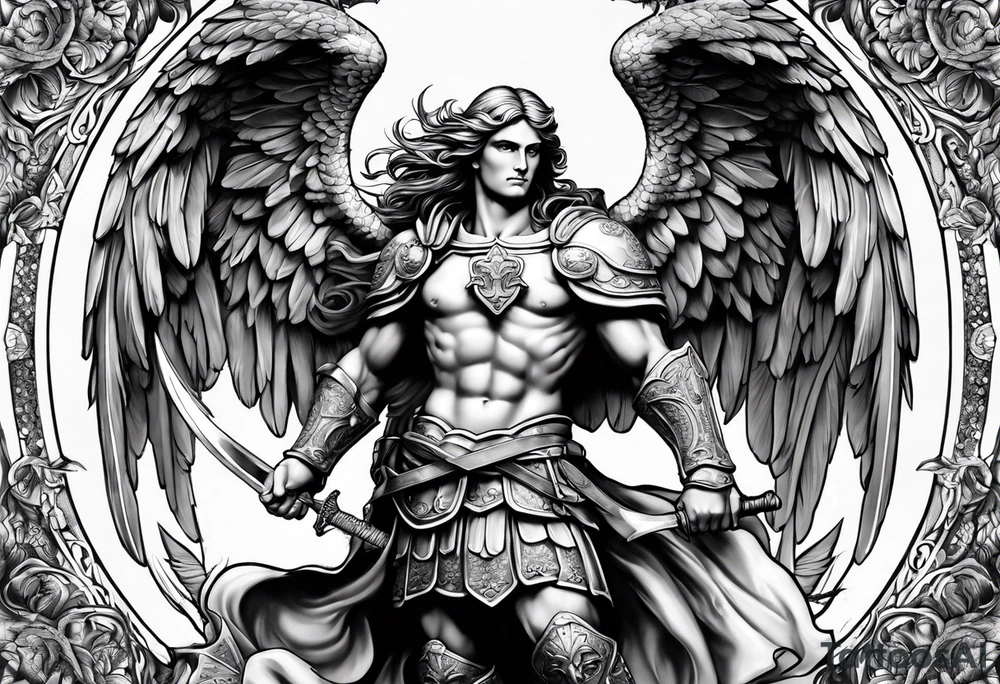 full body saint michael holding a sword tattoo idea