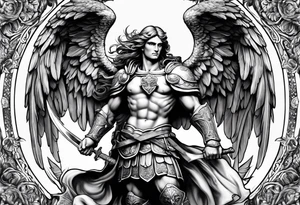 full body saint michael holding a sword tattoo idea