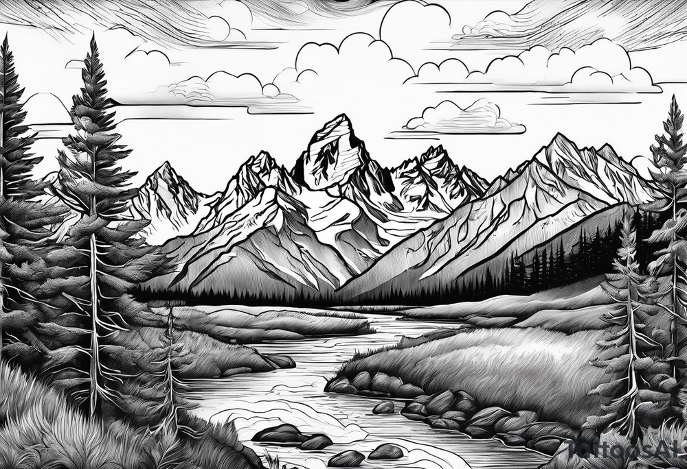 Half sleeve of Teton mountain range with trees lining the bottom of tattoo tattoo idea