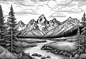 Half sleeve of Teton mountain range with trees lining the bottom of tattoo tattoo idea