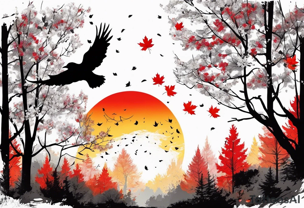 trash polka style. Arm tattoo. chest tattoo. Long tattoo. large tattoo. Full sleeve. Shoulder. A single large maple tree with red autumn leaves that branches upwards from wrist to shoulder. White-throated dipper bird on the trees branches. Calluna flowers at the base of the trees stem. Red/yellow sunset behind the trees stem. Leaves falling. tattoo idea